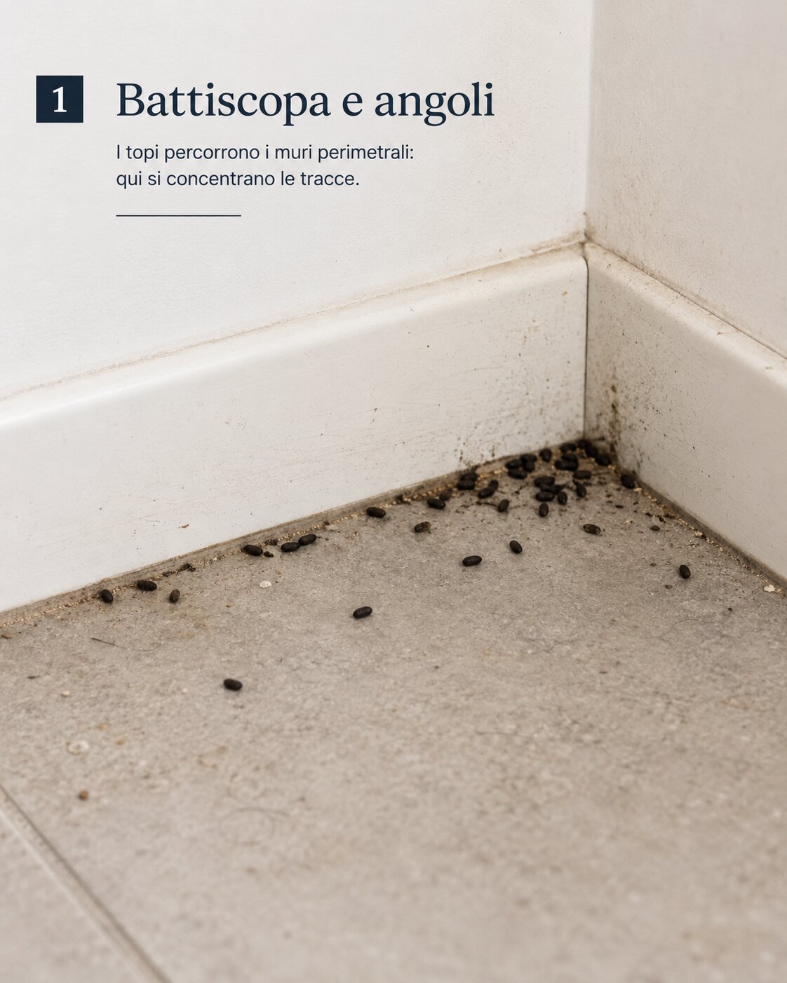 Escrementi di topo lungo il battiscopa e negli angoli