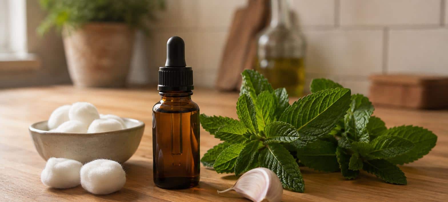 Olio essenziale di menta piperita, batuffoli di cotone, foglie di menta e aglio come rimedi naturali contro i topi
