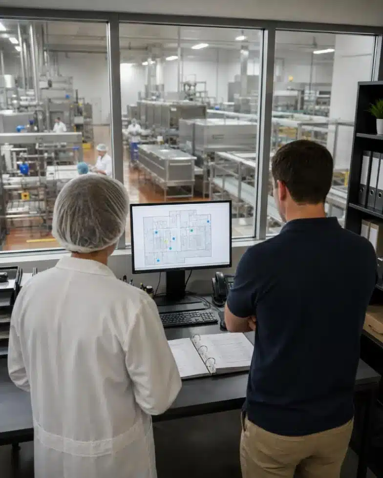 Responsabile qualità e tecnico davanti alla planimetria con i punti di monitoraggio