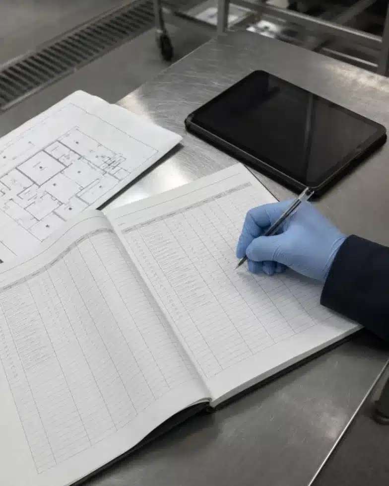 Mano con guanto compila il registro di monitoraggio accanto a una planimetria e a un tablet