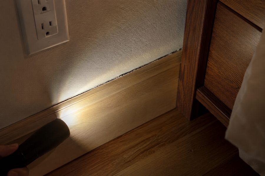 Torcia che illumina la fessura del battiscopa vicino a una presa elettrica