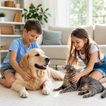 Bambini che giocano con cane e gatto in un salotto di casa sicuro