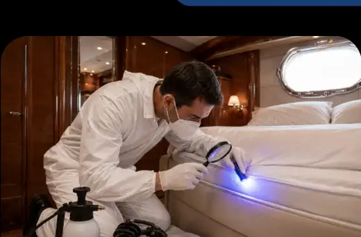 Spezialisierte Fachperson kontrolliert eine Matratze mit UV-Lampe und Lupe