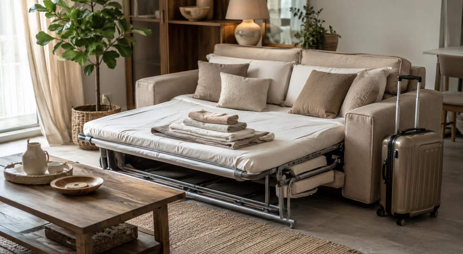 Soggiorno di casa vacanza con divano letto aperto e valigia: ambiente tipico degli affitti brevi