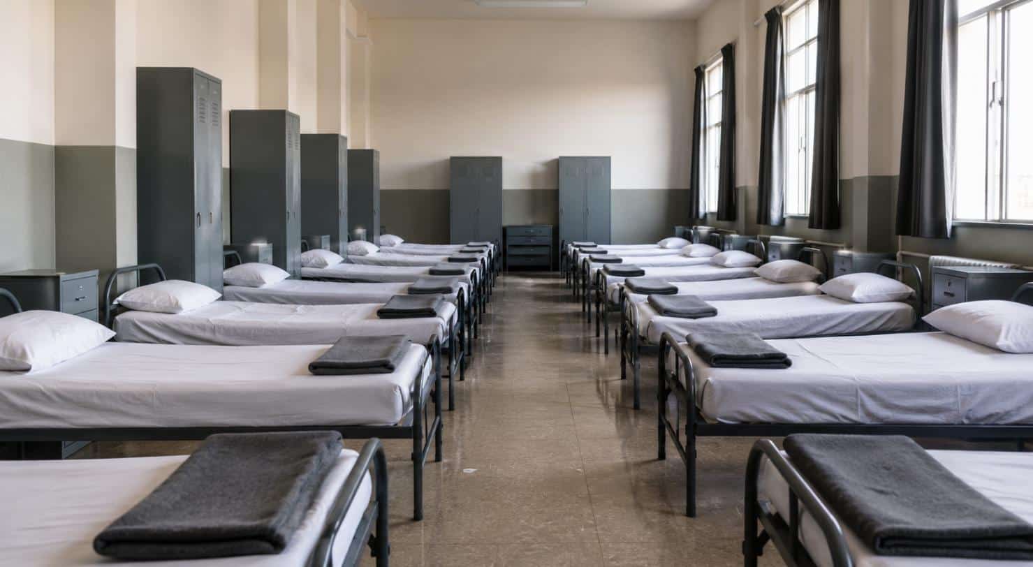 Camerata con brande e armadietti, arredi senza sedute imbottite
