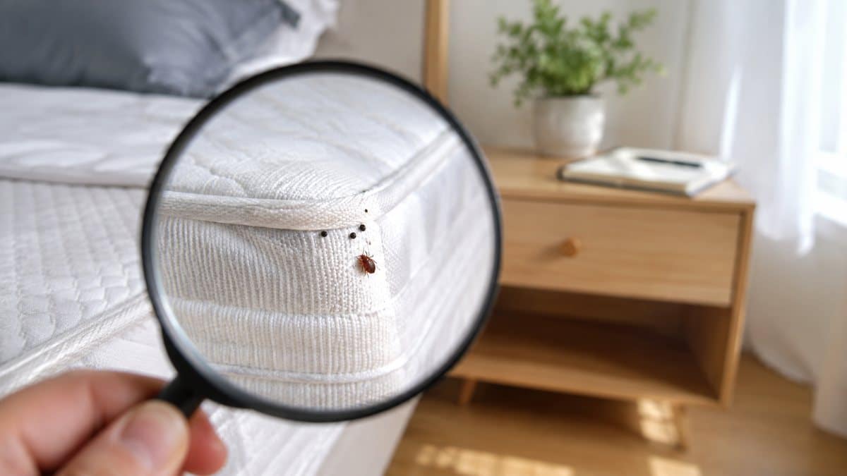 Ispezione di un materasso con lente d ingrandimento per cercare cimici dei letti