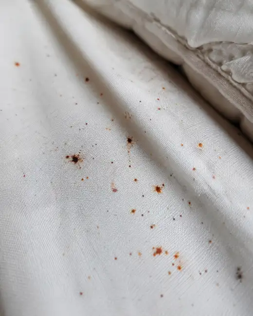 Piccole macchie di sangue su lenzuola bianche, segnale di cimici dei letti in casa di riposo