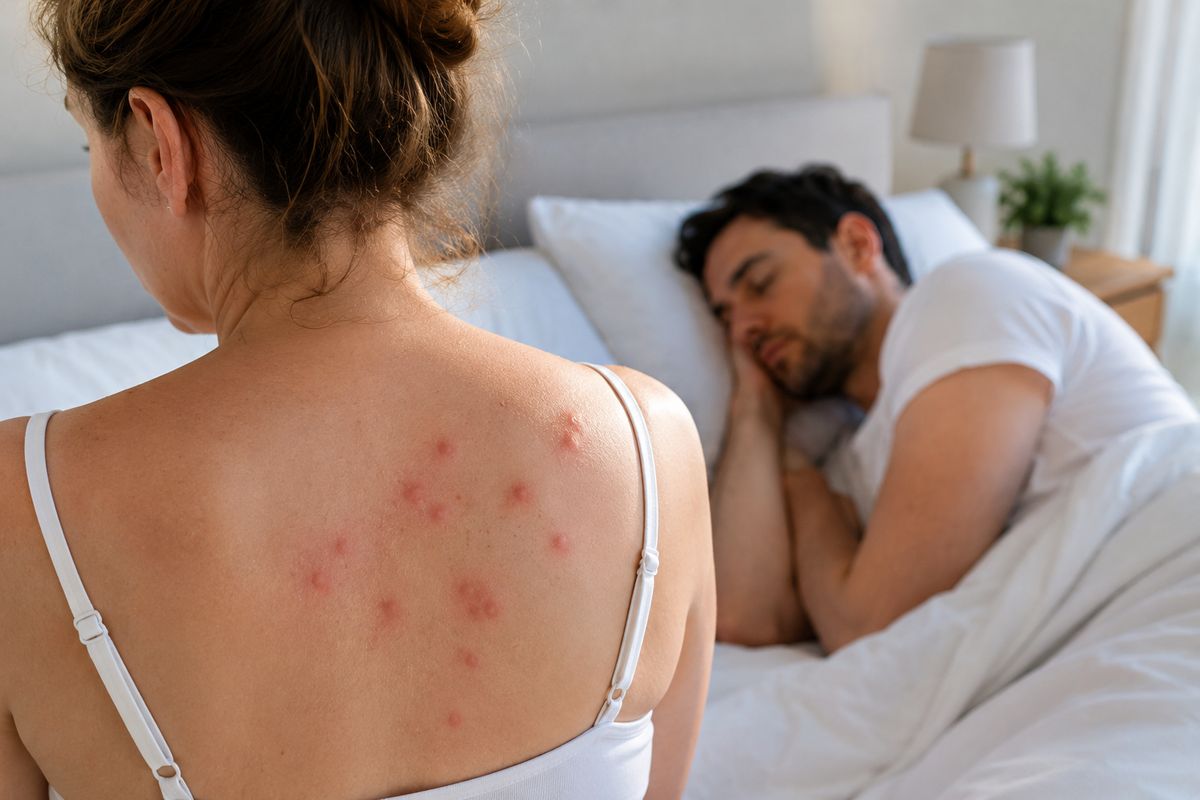 Donna con punture di cimici dei letti comparse in ritardo sulla schiena, mentre il partner dorme senza segni