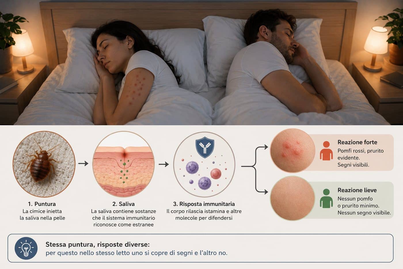 Infografica: stessa puntura di cimici dei letti, reazione della pelle diversa da persona a persona