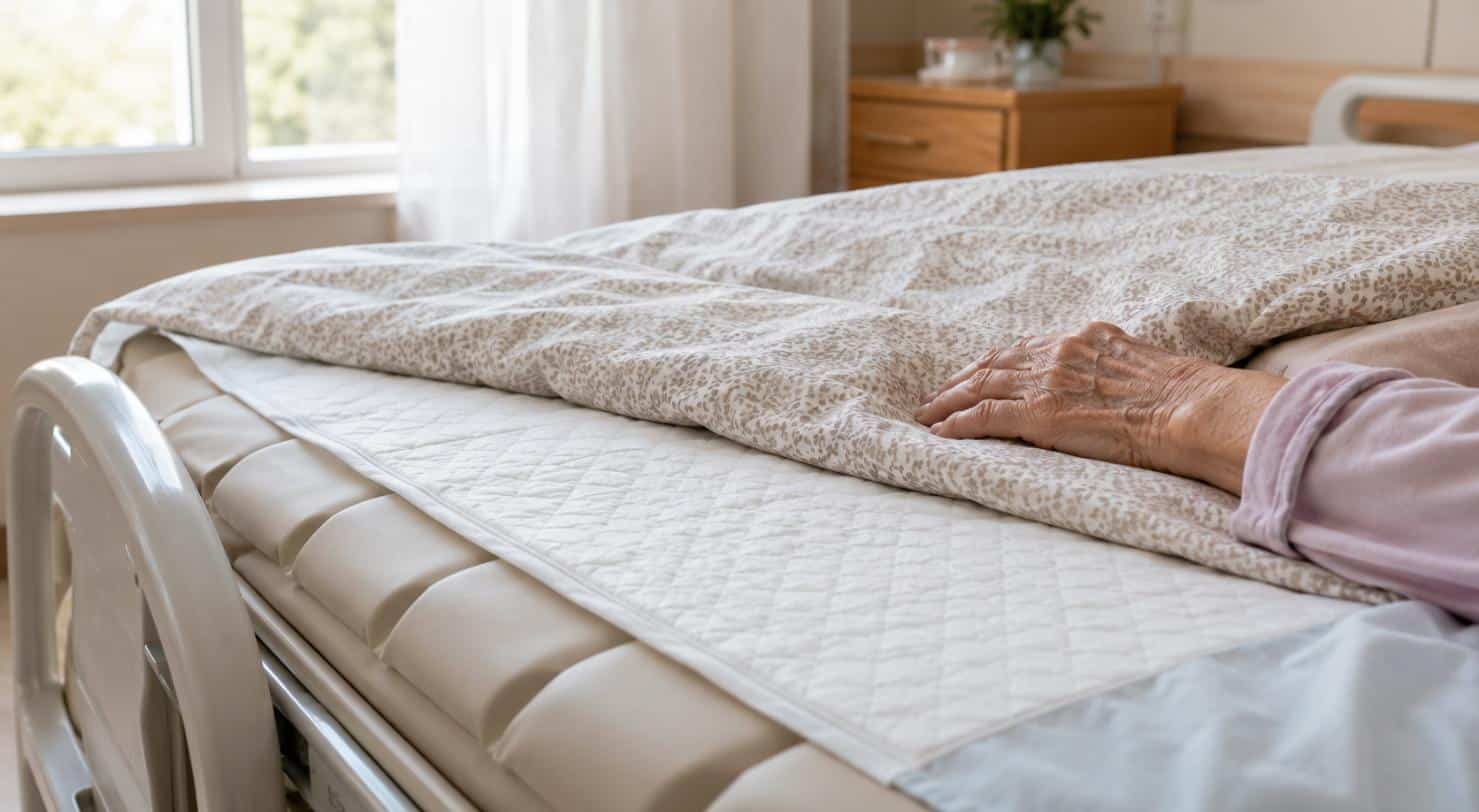 Letto sanitario di RSA con materasso antidecubito e traversa, mano di una persona anziana sulla coperta
