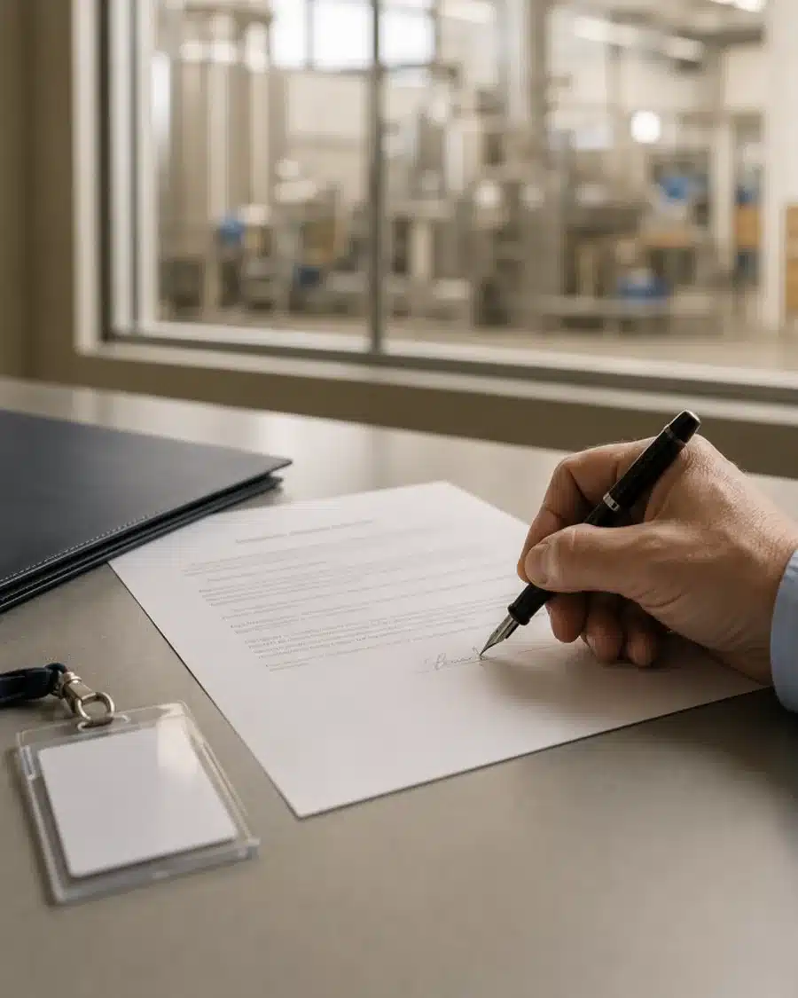 Firma della delega scritta del referente per il controllo infestanti in azienda, con badge e cartellina sulla scrivania
