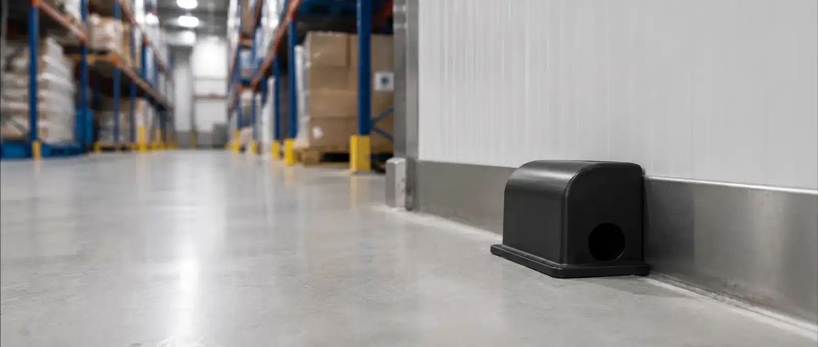 Postazione di monitoraggio multicattura posizionata lungo il battiscopa di un magazzino logistico