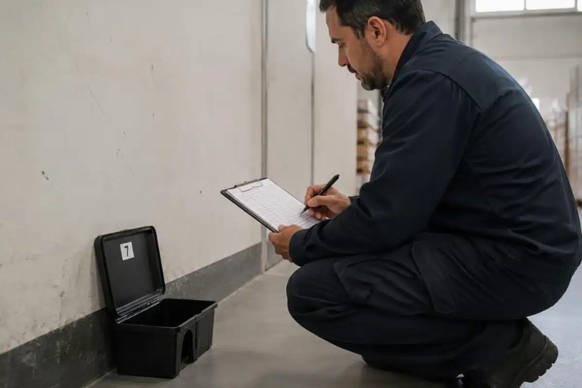 Fachperson notiert die in einer nummerierten Monitoringstation festgestellten Fänge im Register