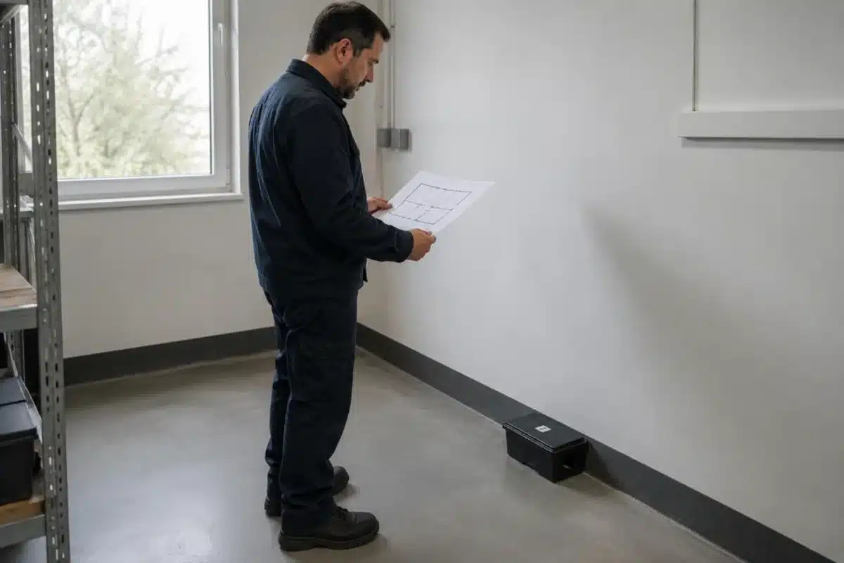 Fachperson vergleicht den Grundriss mit einer nummerierten Station während der geplanten Nachkontrolle