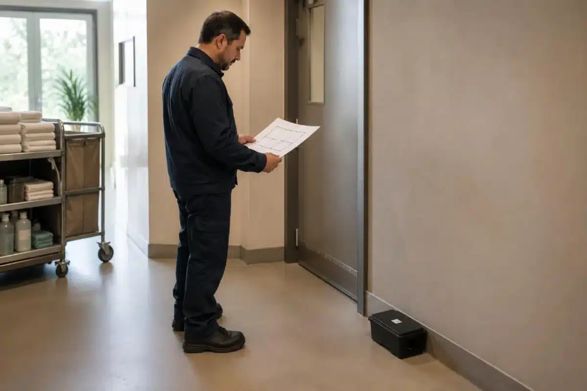 Controllo programmato in una struttura ricettiva: planimetria e postazione di monitoraggio numerata
