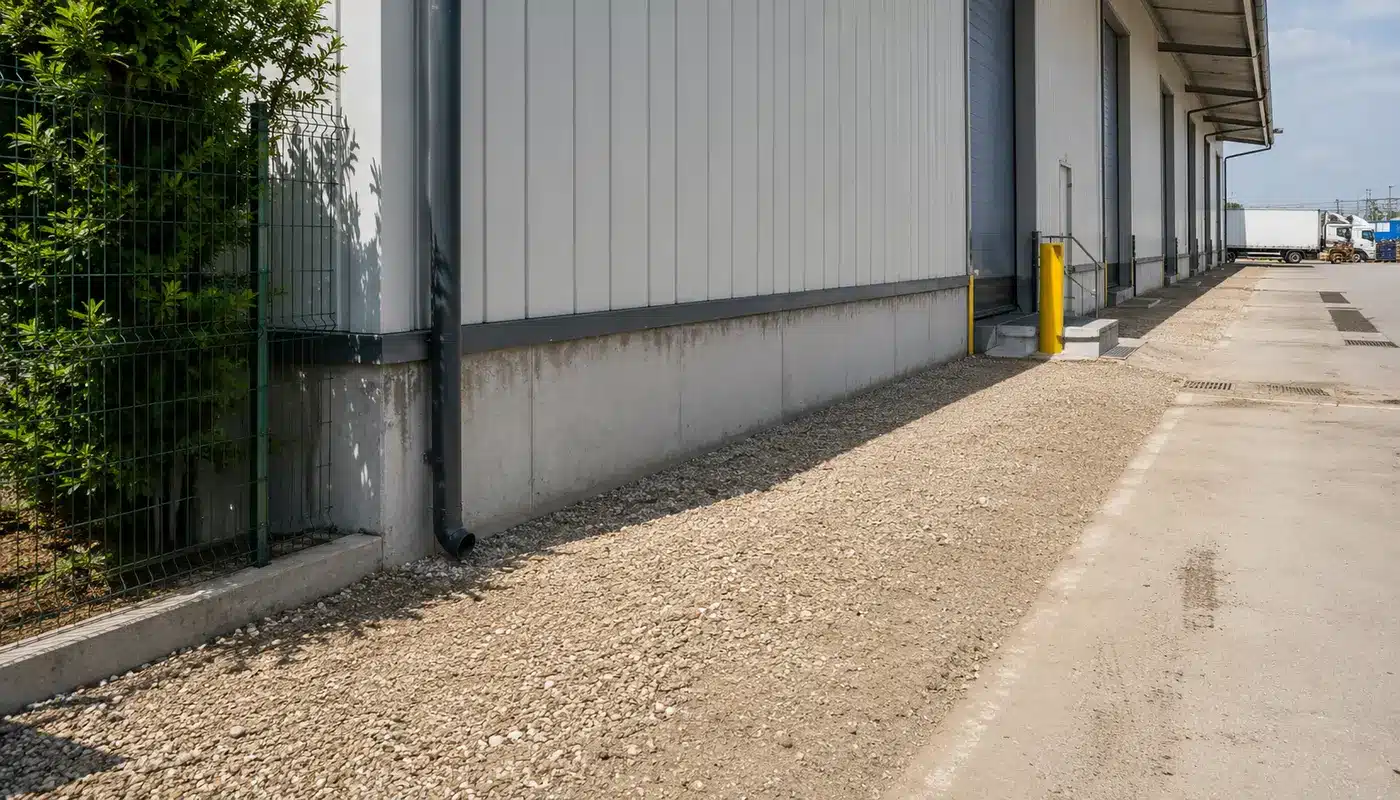 Perimetro esterno di un capannone con fascia in ghiaia libera lungo il muro, prima barriera anti-roditori