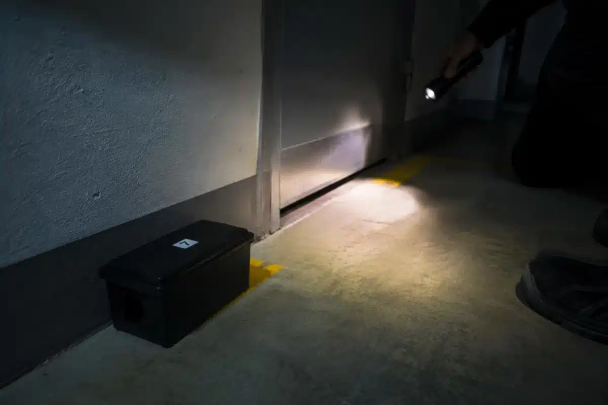 Nummerierte Monitoringstation entlang der Sockelleiste, nachts von der Taschenlampe der Fachperson beleuchtet