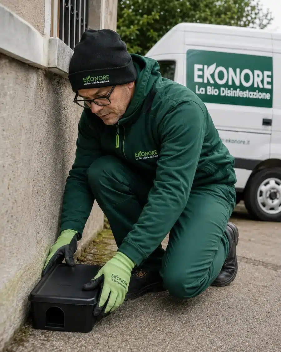 Tecnico Ekonore in divisa verde installa una postazione di monitoraggio per topi lungo il muro perimetrale di un’abitazione, con il furgone Ekonore La Bio Disinfestazione sullo sfondo