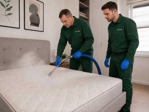 Ekonore-Fachleute führen die professionelle Behandlung der Matratze gegen Bettwanzen durch, ohne Pestizide