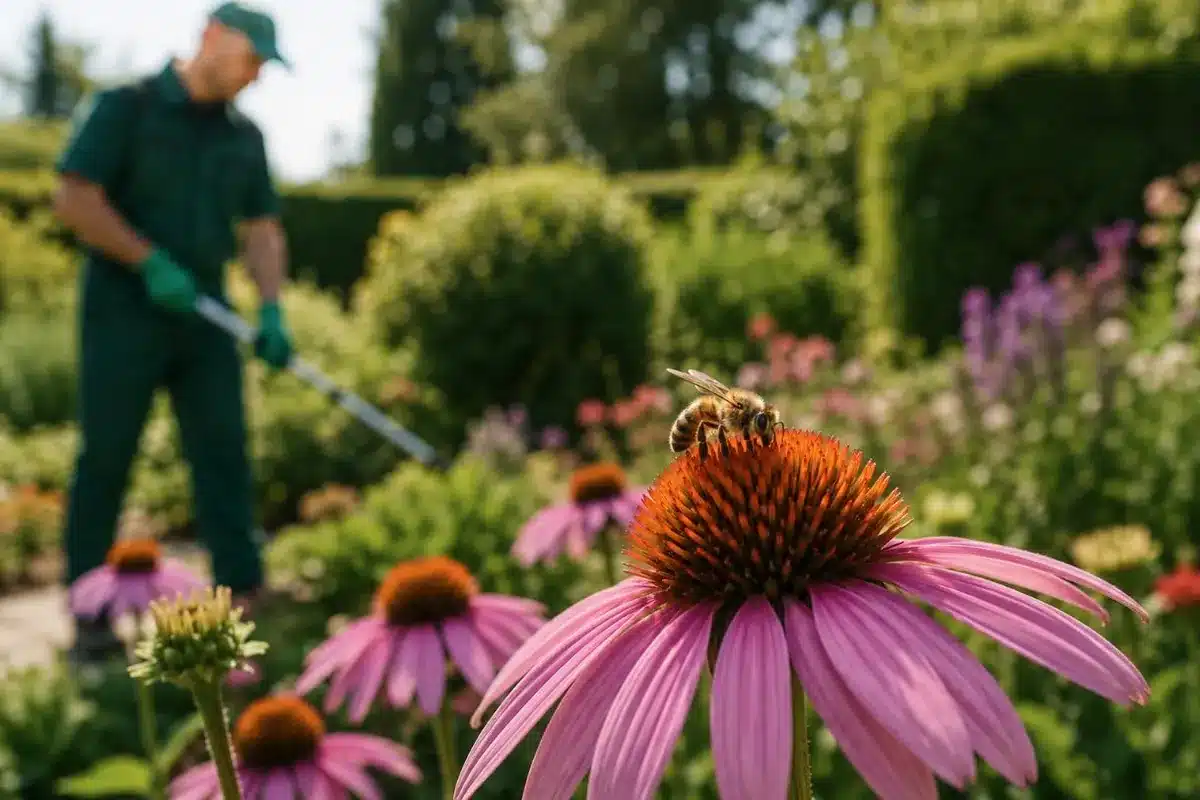 Biene auf einer Blüte in einem Garten, im Hintergrund führt ein Ekonore-Techniker eine natürliche Schädlingsbekämpfung ohne Pestizide durch