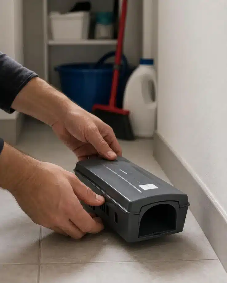 Hände, die eine nummerierte Station von der Wand wegschieben: der Fehler, den man in den Tagen nach der Nagerbekämpfung vermeiden sollte