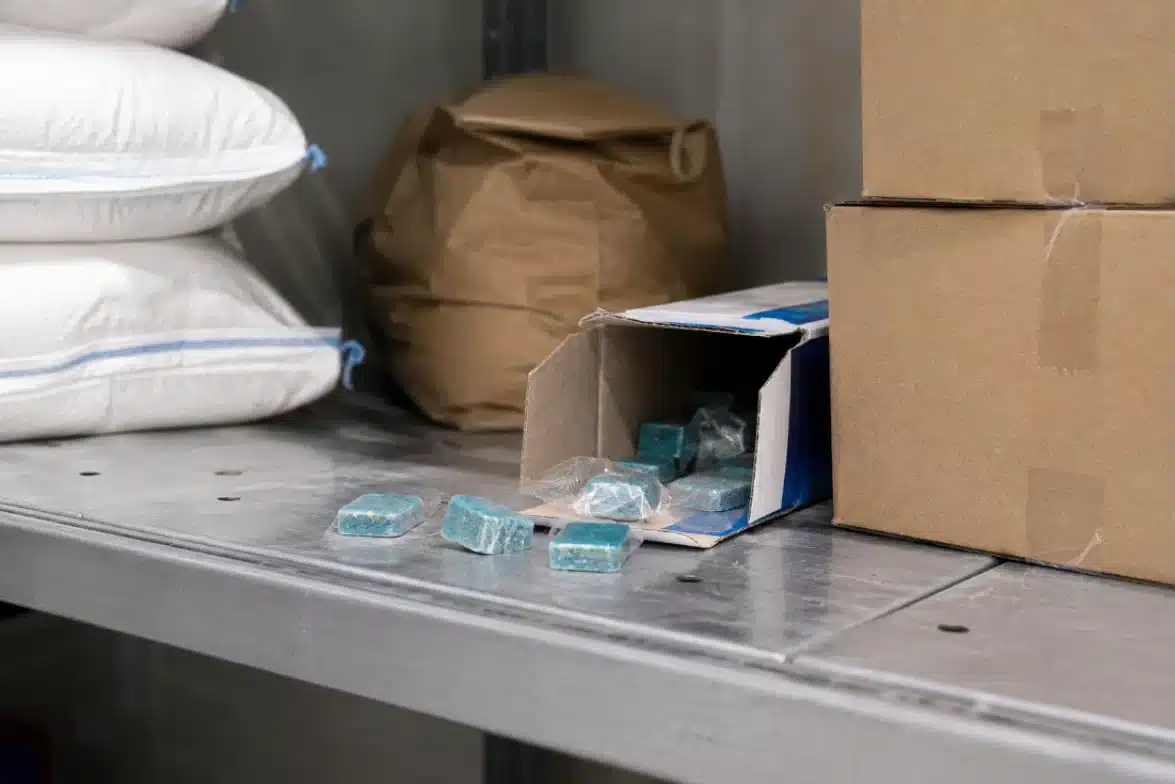 Panetti di esca rodenticida sparsi senza contenitore di sicurezza in un locale di servizio