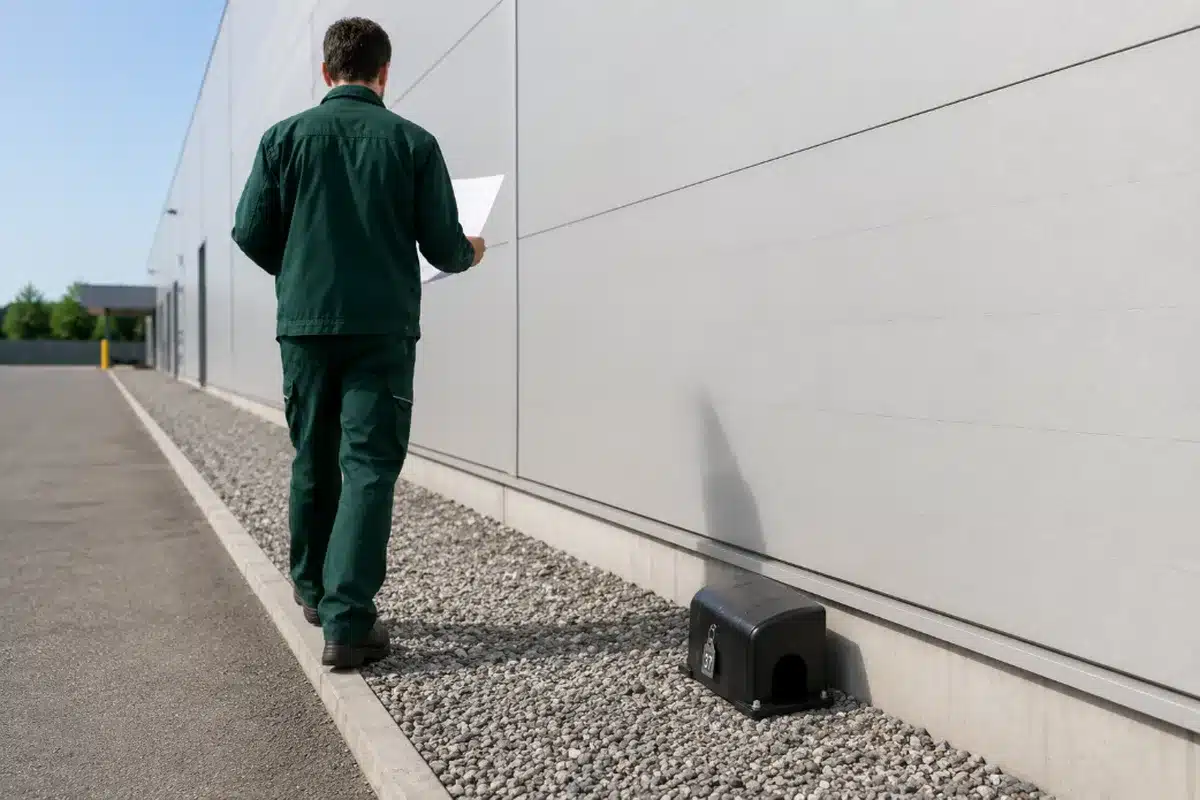 Tecnico Ekonore percorre il perimetro esterno di un capannone con la mappa in mano e controlla le postazioni di monitoraggio numerate