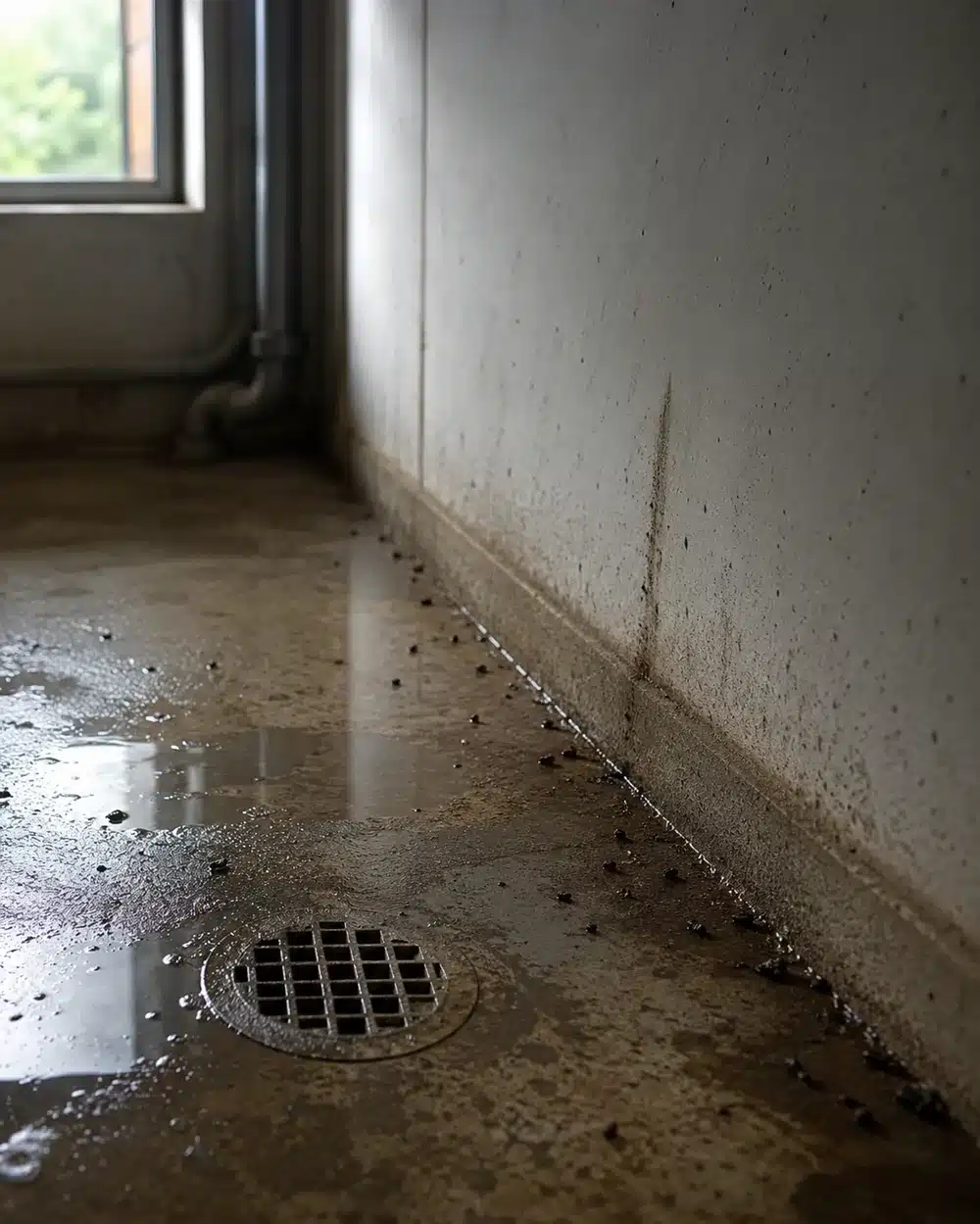 Scantinato senza ristagni d'acqua, sifoni e scarichi funzionanti per prevenire i topi
