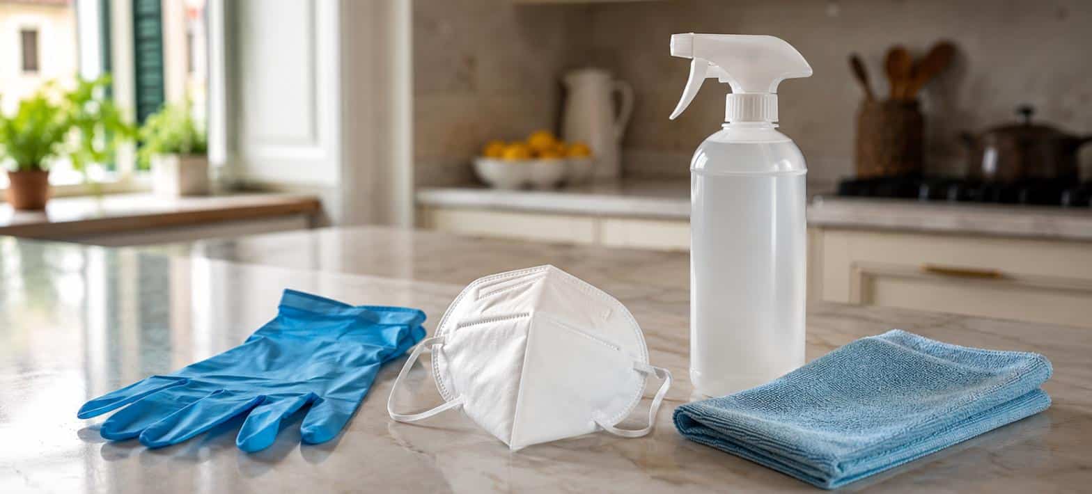 Guanti in nitrile, mascherina FFP2 e disinfettante pronti per la sanificazione dopo un’infestazione di topi