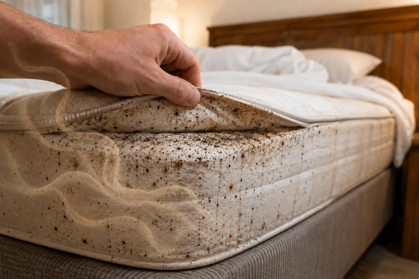 Materasso con macchie scure diffuse e odore dolciastro