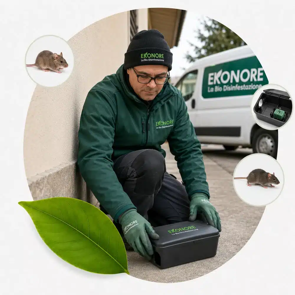 Ekonore-Techniker installiert eine Monitoringstation für Nagetiere bei einer Nagetierbekämpfung ohne Gift in einem Unternehmen