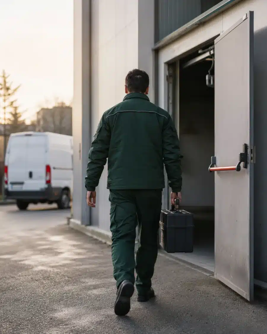 Tecnico della disinfestazione entra dalla porta di servizio del capannone con la borsa attrezzi: il tempo di risposta in ore previsto dal capitolato