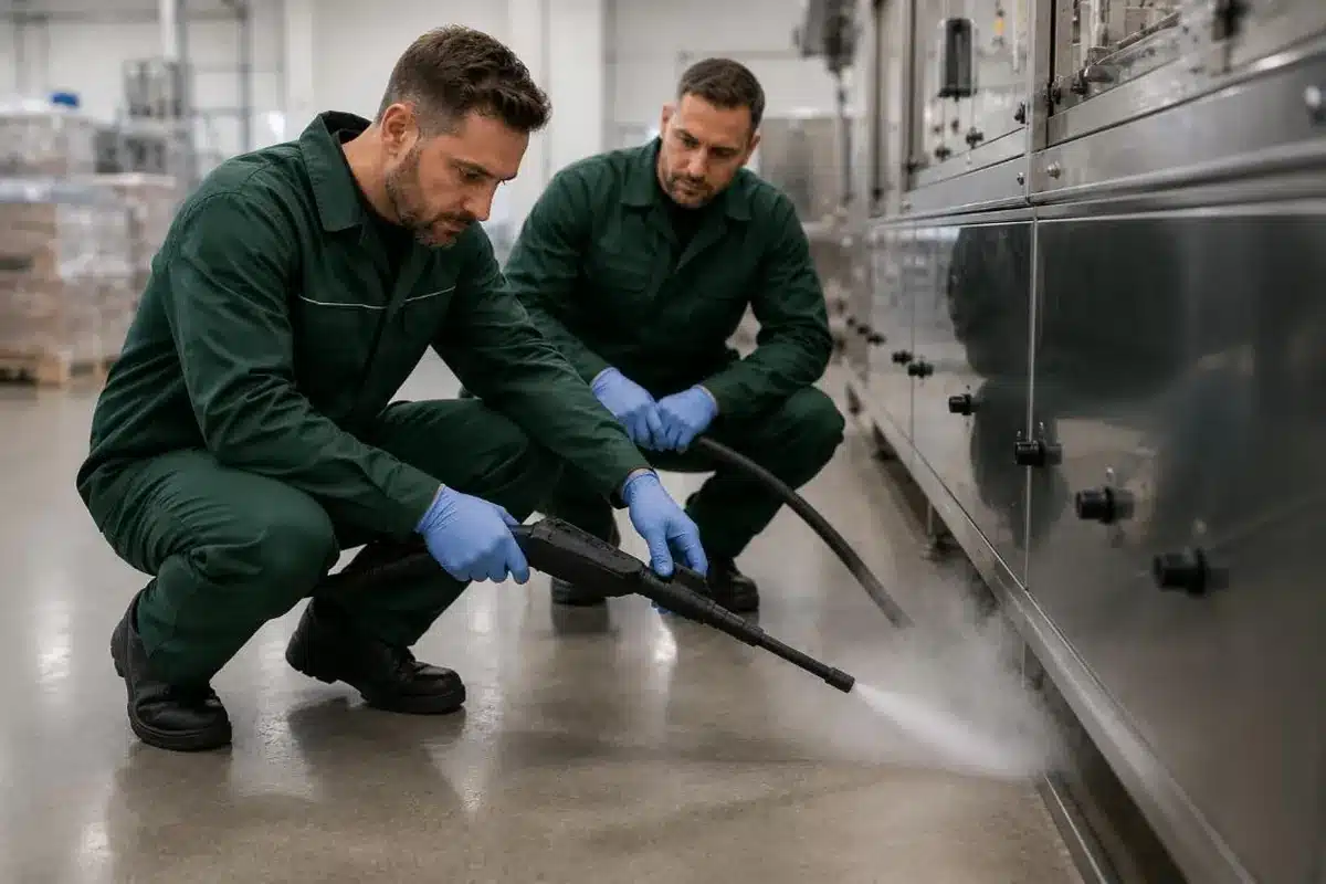 Zwei Ekonore-Techniker bei einer physikalischen Schädlingsbekämpfung ohne synthetische Pestizide