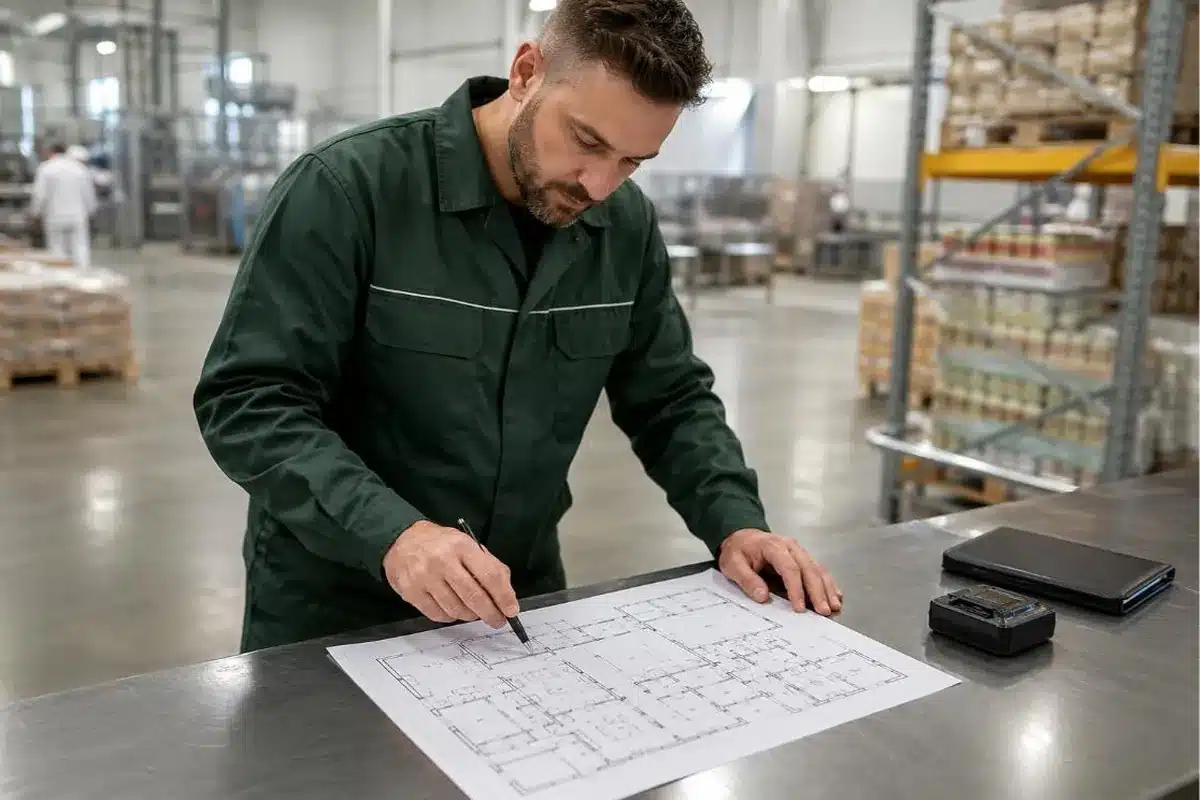 Tecnico Ekonore analizza la planimetria di uno stabilimento alimentare per la mappa dei rischi del pest control aziendale