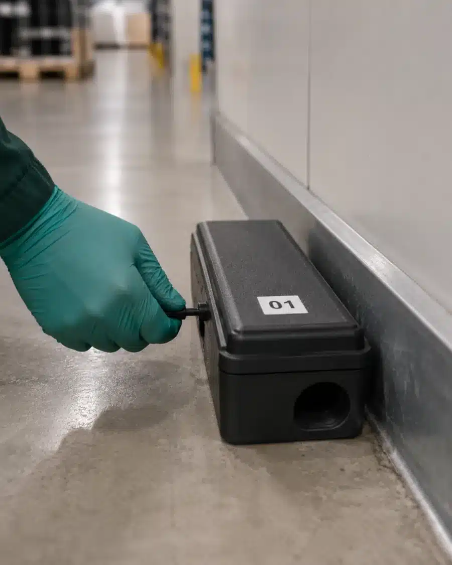 Mit 01 nummerierte Monitoringstation entlang der Sockelleiste: Der Code erscheint identisch auf Grundriss, Etikette und im Register