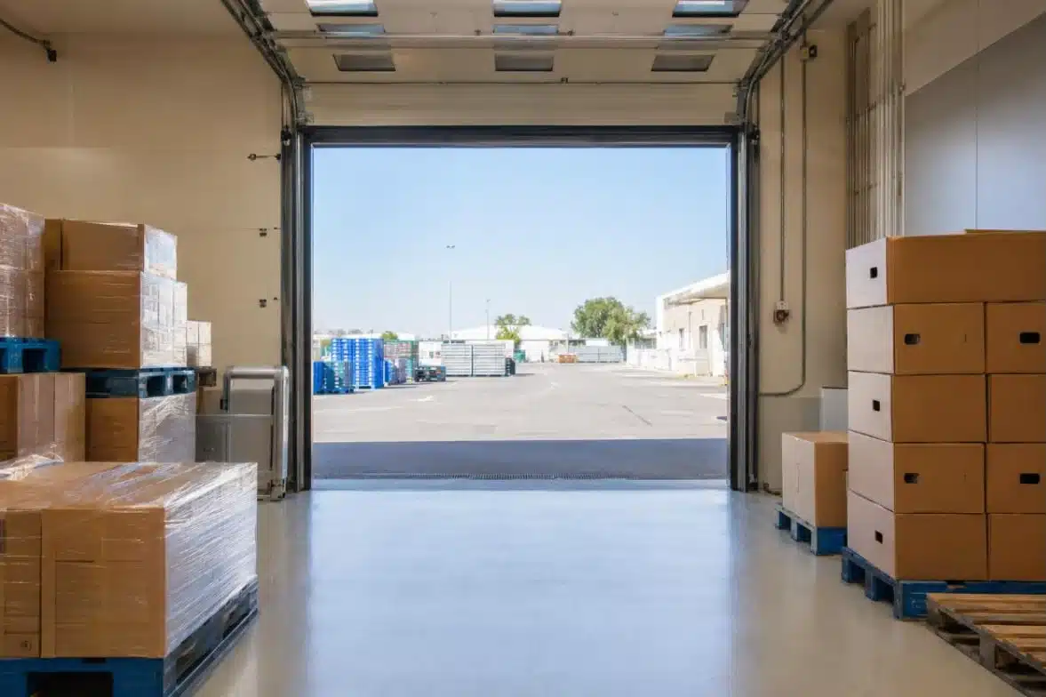Baia di ricevimento merci con portone alzato sul piazzale e pallet sul pavimento in resina
