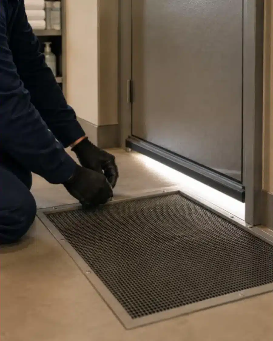 Rete metallica a maglia fine su una bocca di lupo e paraspifferi alla base della porta di servizio di un hotel
