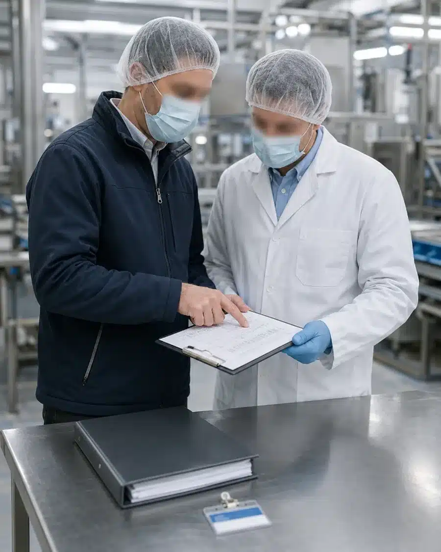 Auditorin und Qualitätsverantwortlicher prüfen die Checkliste des Schädlingsbekämpfungsprogramms in einer Lebensmittelabteilung
