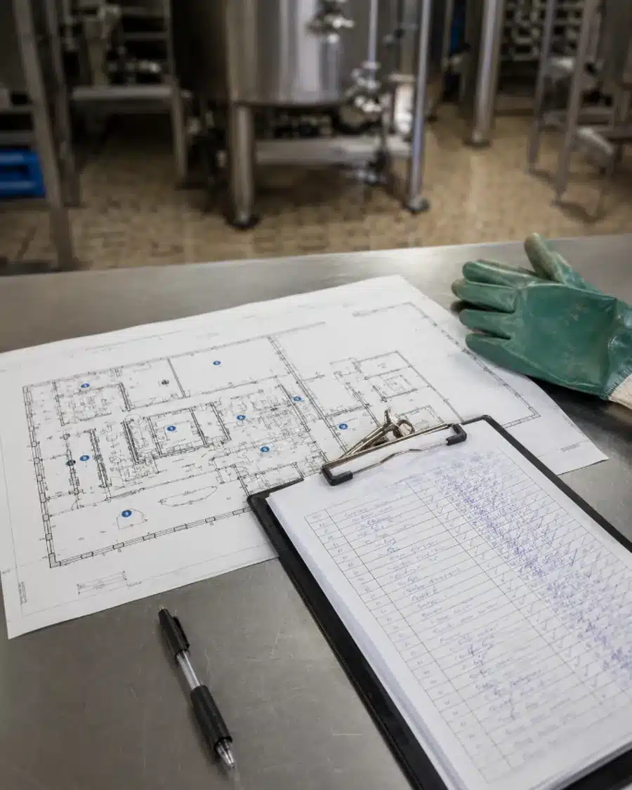 Planimetria con punti di controllo numerati e registro di monitoraggio infestanti su un tavolo in uno stabilimento alimentare
