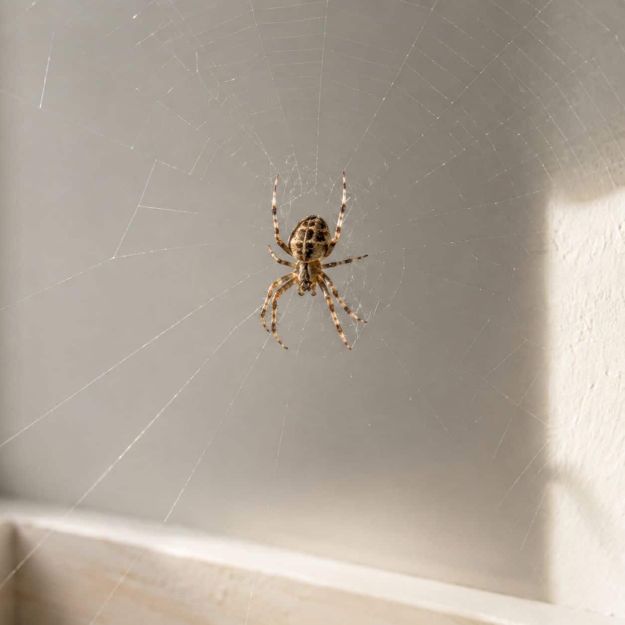 Hausspinne in ihrem Netz in einer Wohnung