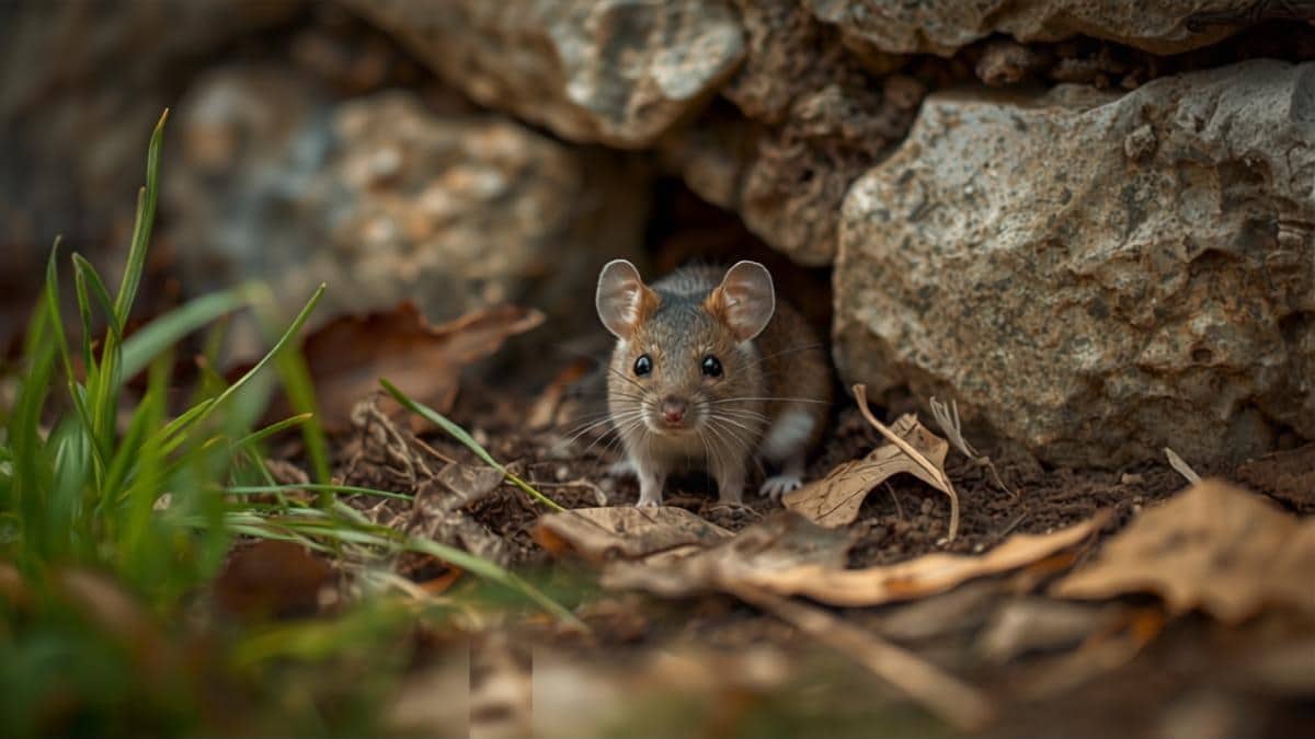 Segnali di topi in giardino: topo che esce da una tana sotto il muretto