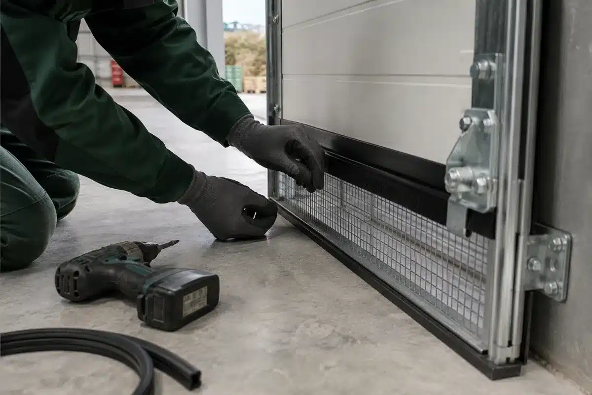 Tecnico Ekonore installa spazzola paraspifferi e rete metallica alla base del portone di un capannone per chiudere il varco ai topi