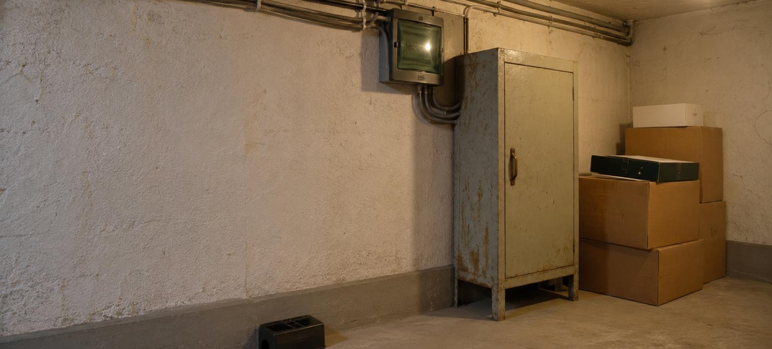 Locale contatori di un condominio con stazione di monitoraggio per topi lungo il battiscopa