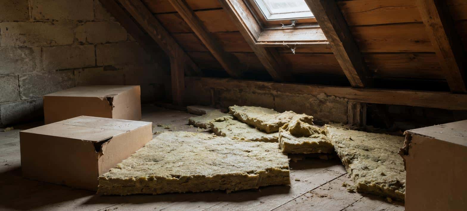 Soffitta con isolante in lana di roccia rosicchiato e scatoloni danneggiati dai topi