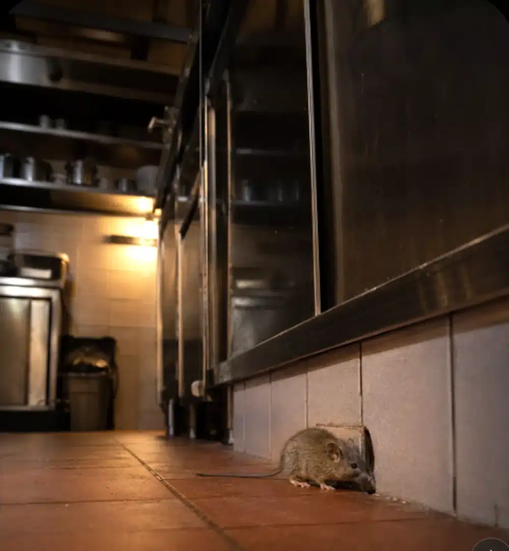 Topo lungo il battiscopa in una cucina professionale di ristorante durante la chiusura