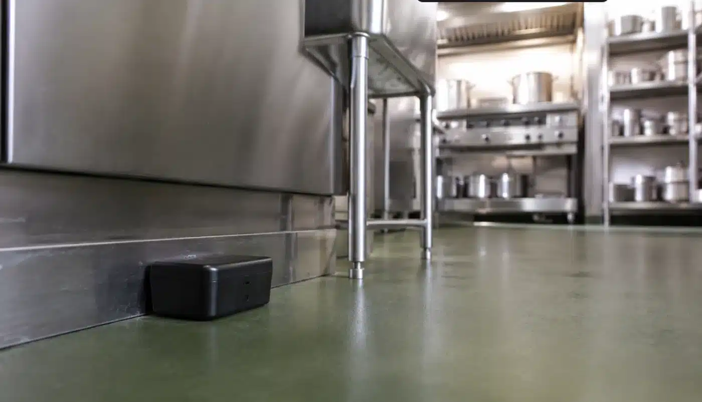 Piccola postazione di monitoraggio nera appoggiata al battiscopa sotto il lavello di una cucina professionale in acciaio inox