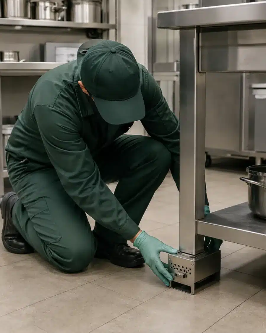 Tecnico Ekonore posiziona una trappola di cattura professionale senza veleno in una cucina