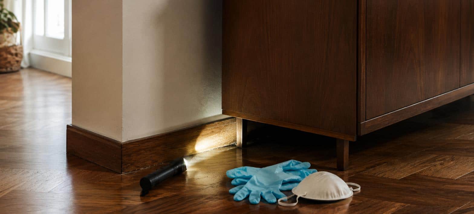 Torcia elettrica che illumina lo spazio sotto un mobile durante la ricerca di un topo morto in casa