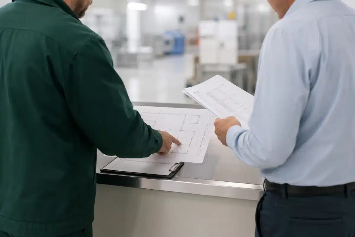 Tecnico Ekonore e titolare esaminano planimetria e registro durante la valutazione tecnica del monitoraggio roditori