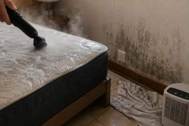 Schimmel an der Wand neben der mit Dampf behandelten Matratze